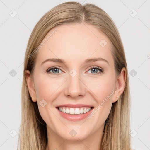 Joyful white young-adult female with long  brown hair and grey eyes