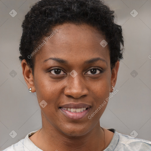 Joyful black young-adult female with short  brown hair and brown eyes