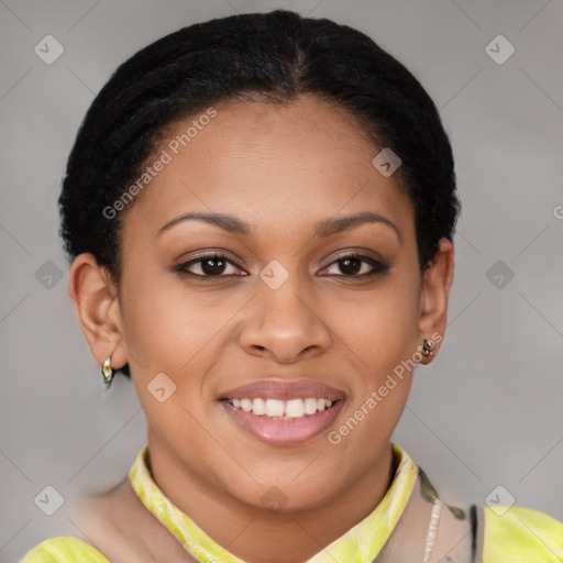 Joyful latino young-adult female with short  brown hair and brown eyes