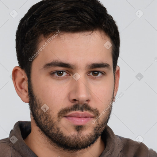 Neutral white young-adult male with short  brown hair and brown eyes