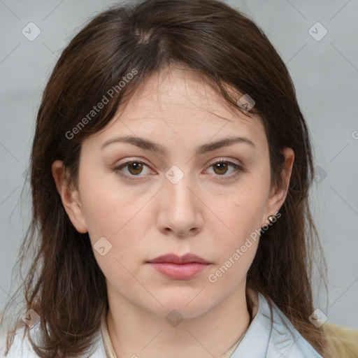 Neutral white young-adult female with medium  brown hair and brown eyes