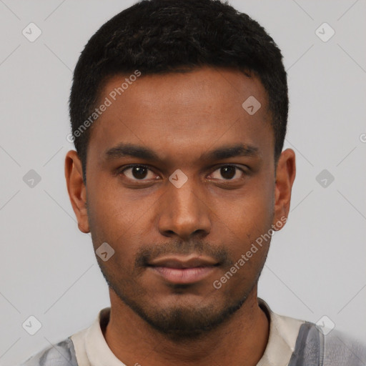 Neutral latino young-adult male with short  black hair and brown eyes