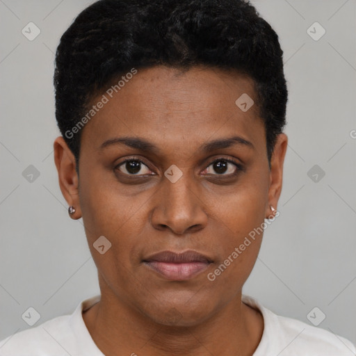 Neutral black young-adult female with short  black hair and brown eyes