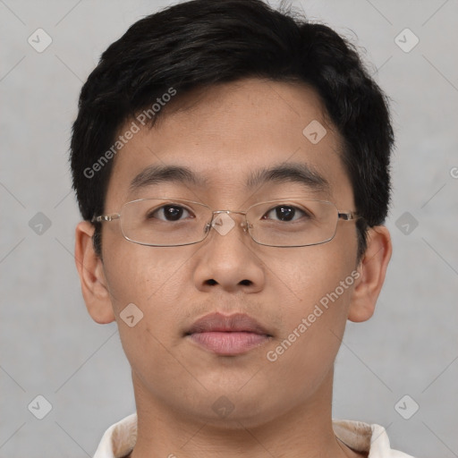 Neutral asian young-adult male with short  brown hair and brown eyes