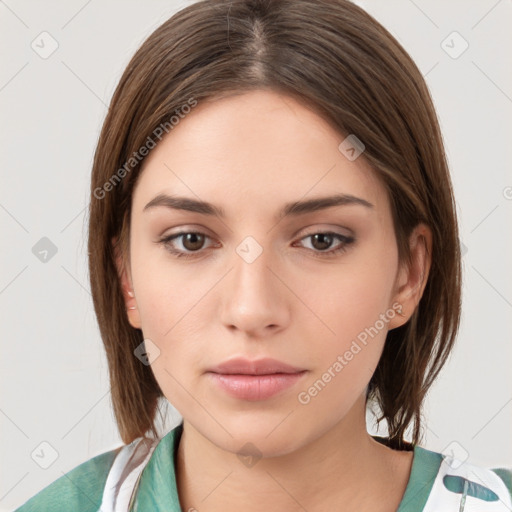 Neutral white young-adult female with medium  brown hair and brown eyes