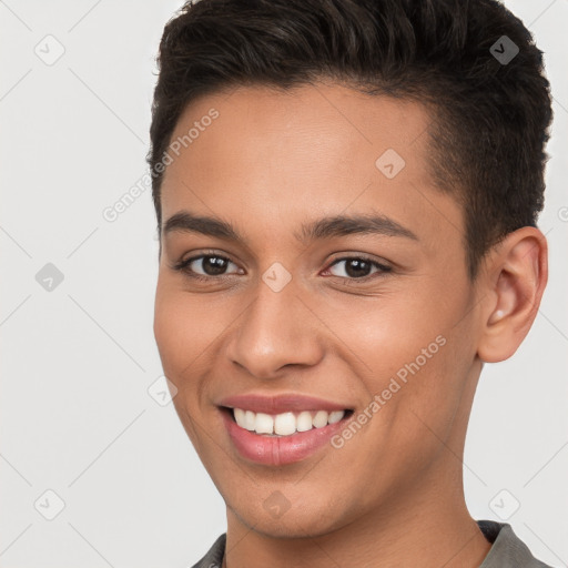 Joyful white young-adult female with short  brown hair and brown eyes