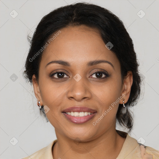 Joyful latino young-adult female with medium  brown hair and brown eyes