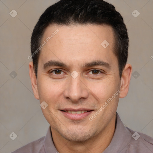 Joyful white young-adult male with short  brown hair and brown eyes