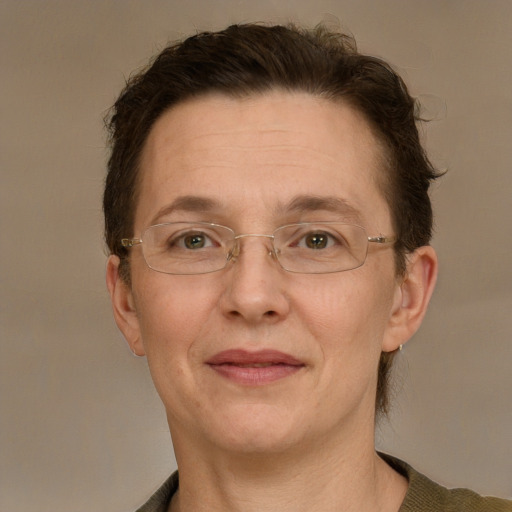 Joyful white adult female with short  brown hair and grey eyes