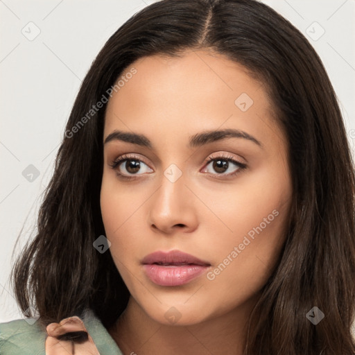 Neutral white young-adult female with long  brown hair and brown eyes