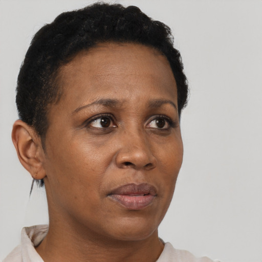 Neutral black adult female with short  brown hair and brown eyes
