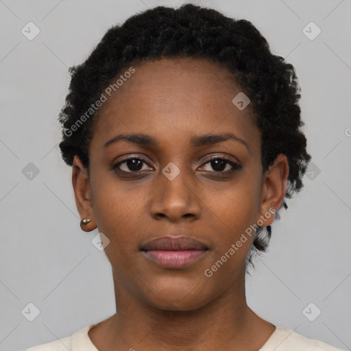 Neutral black young-adult female with short  black hair and brown eyes