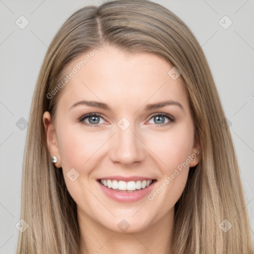 Joyful white young-adult female with long  brown hair and grey eyes