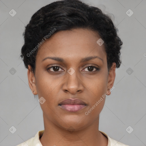 Neutral black young-adult female with short  brown hair and brown eyes