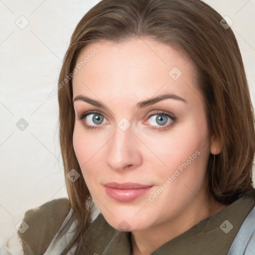 Neutral white young-adult female with medium  brown hair and grey eyes