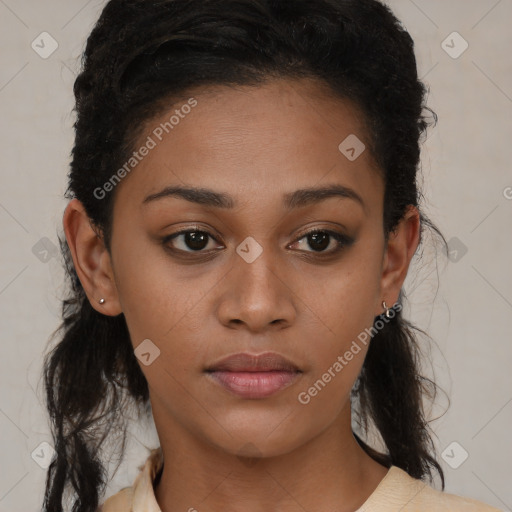 Neutral black young-adult female with medium  brown hair and brown eyes