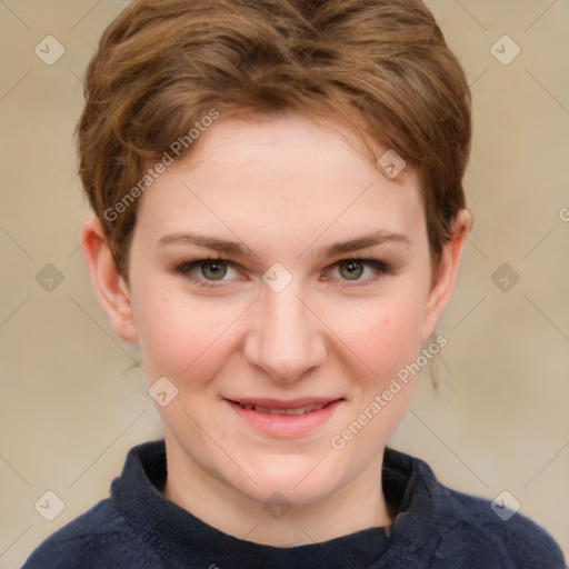 Joyful white young-adult female with short  brown hair and grey eyes