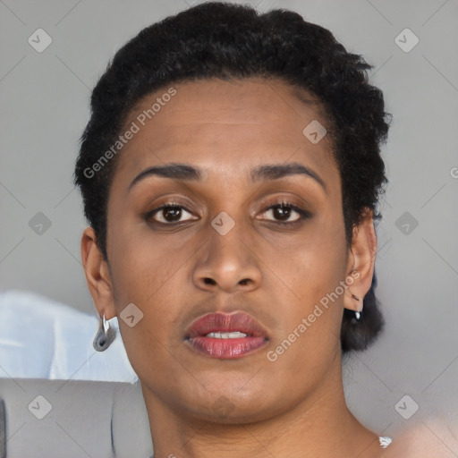 Neutral black young-adult female with short  brown hair and brown eyes