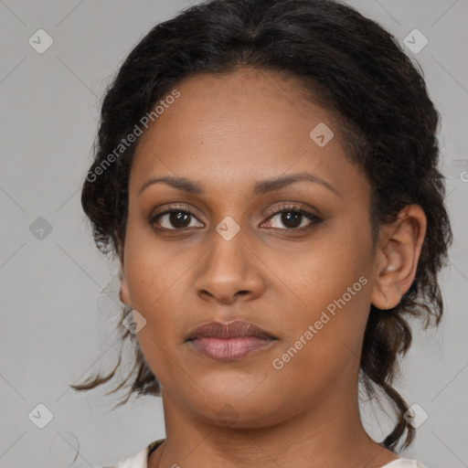 Neutral black young-adult female with medium  brown hair and brown eyes