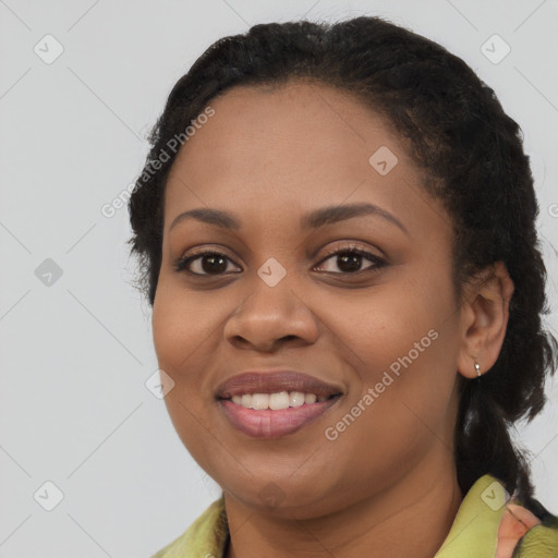 Joyful black young-adult female with medium  brown hair and brown eyes