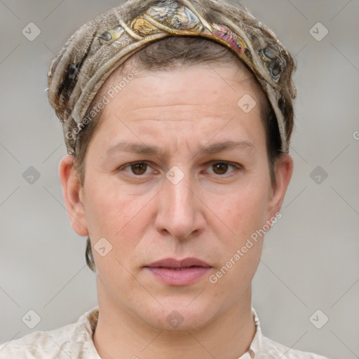 Joyful white adult male with short  brown hair and grey eyes