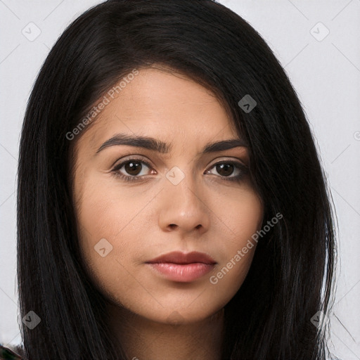 Neutral white young-adult female with long  brown hair and brown eyes