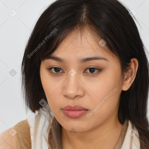 Neutral asian young-adult female with medium  brown hair and brown eyes