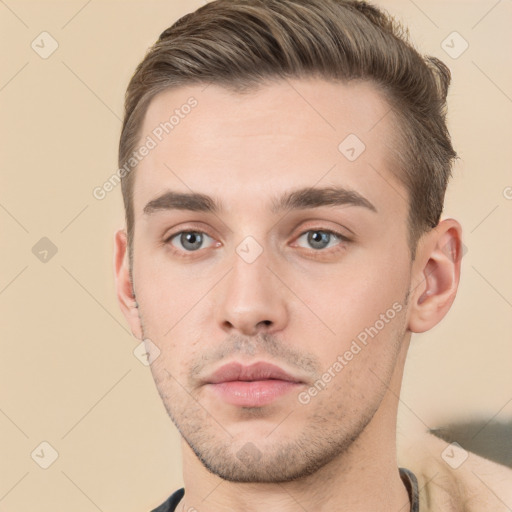 Neutral white young-adult male with short  brown hair and brown eyes