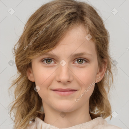 Joyful white child female with medium  brown hair and brown eyes