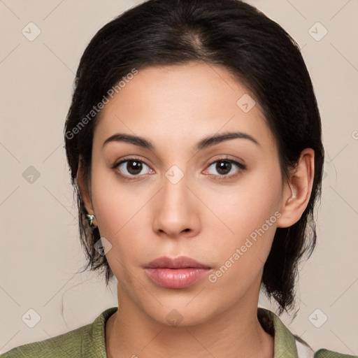 Neutral white young-adult female with medium  black hair and brown eyes