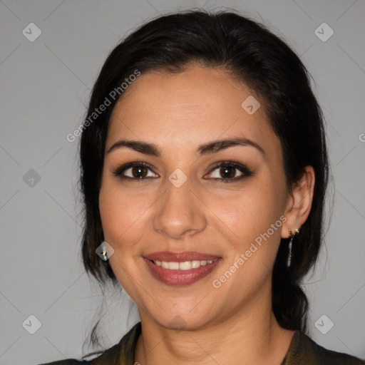 Joyful white young-adult female with medium  brown hair and brown eyes