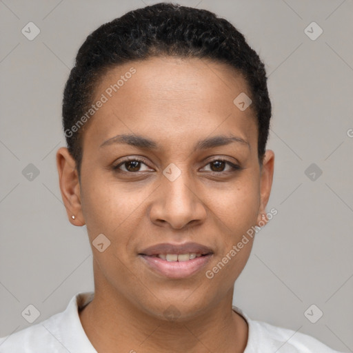 Joyful latino young-adult female with short  brown hair and brown eyes
