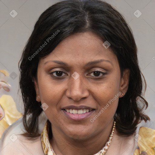 Joyful white young-adult female with medium  brown hair and brown eyes