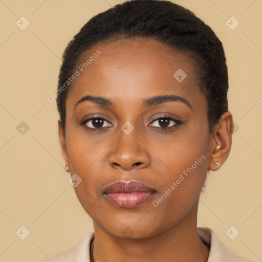 Joyful black young-adult female with short  black hair and brown eyes