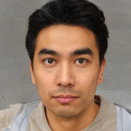 Neutral asian young-adult male with short  black hair and brown eyes