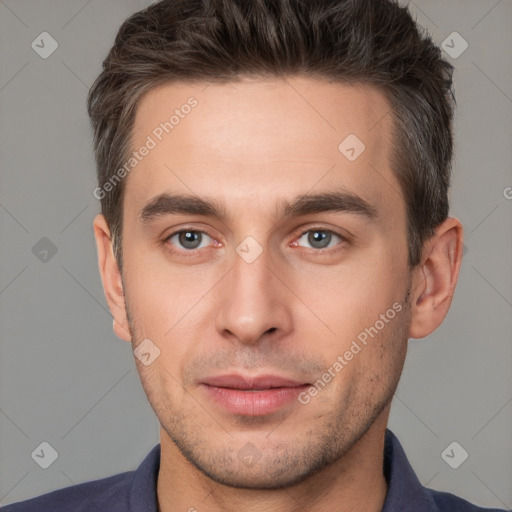 Neutral white young-adult male with short  brown hair and brown eyes