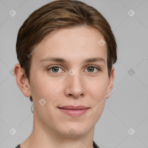 Joyful white young-adult female with short  brown hair and grey eyes