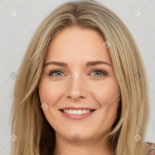 Joyful white young-adult female with long  brown hair and brown eyes