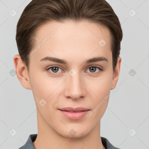 Joyful white young-adult female with short  brown hair and brown eyes