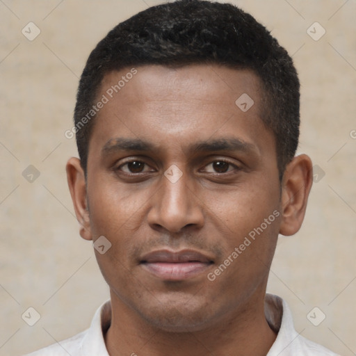 Neutral latino young-adult male with short  black hair and brown eyes