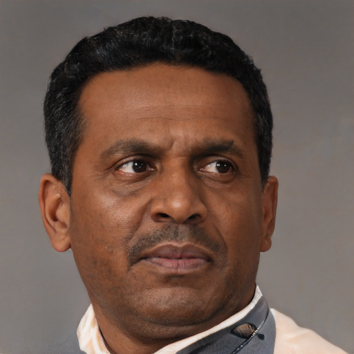 Neutral black adult male with short  black hair and brown eyes