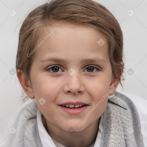 Joyful white child female with medium  brown hair and brown eyes