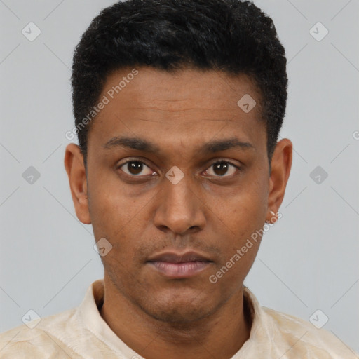 Neutral latino young-adult male with short  black hair and brown eyes