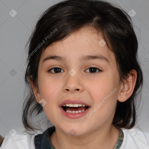 Joyful white child female with medium  brown hair and brown eyes