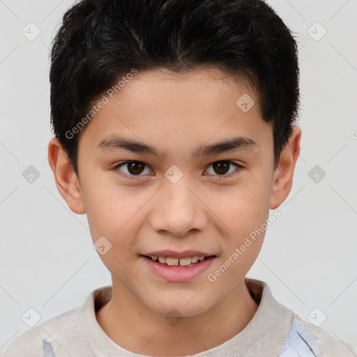 Joyful white child male with short  brown hair and brown eyes