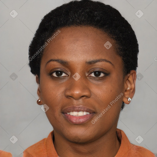 Joyful latino young-adult female with short  black hair and brown eyes