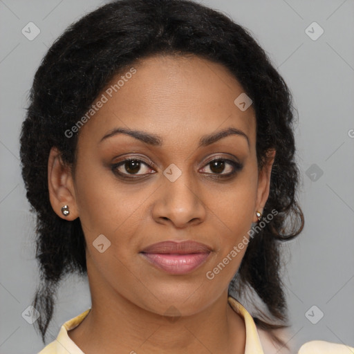 Joyful black young-adult female with medium  brown hair and brown eyes