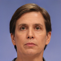 Neutral white adult female with short  brown hair and brown eyes