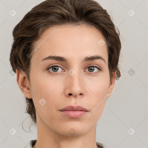 Neutral white young-adult female with medium  brown hair and brown eyes