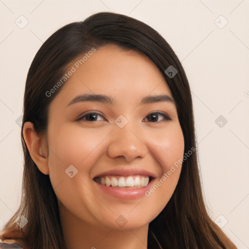 Joyful asian young-adult female with long  brown hair and brown eyes